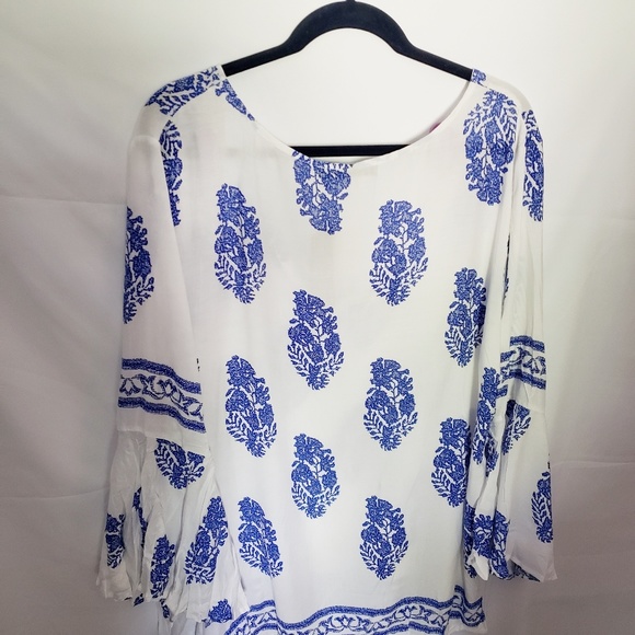 Delft blue & white bell sleeve boho peasant top - Picture 6 of 6